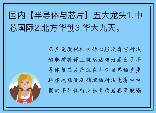 国内【半导体与芯片】五大龙头1.中芯国际2.北方华创3.华大九天。