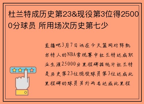 杜兰特成历史第23&现役第3位得25000分球员 所用场次历史第七少
