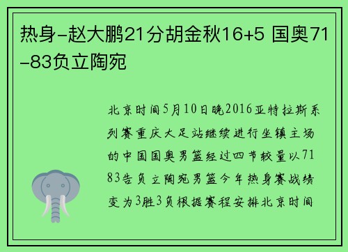 热身-赵大鹏21分胡金秋16+5 国奥71-83负立陶宛