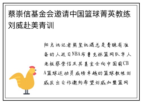 蔡崇信基金会邀请中国篮球菁英教练刘威赴美青训