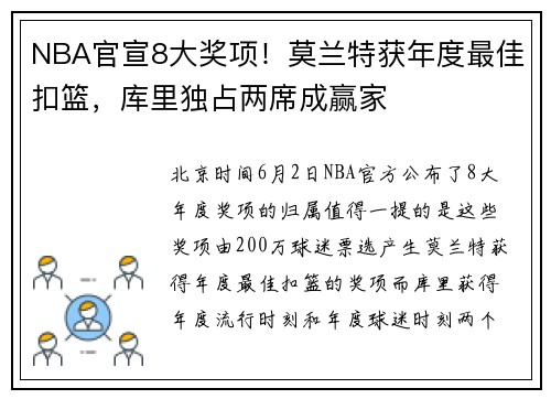NBA官宣8大奖项！莫兰特获年度最佳扣篮，库里独占两席成赢家